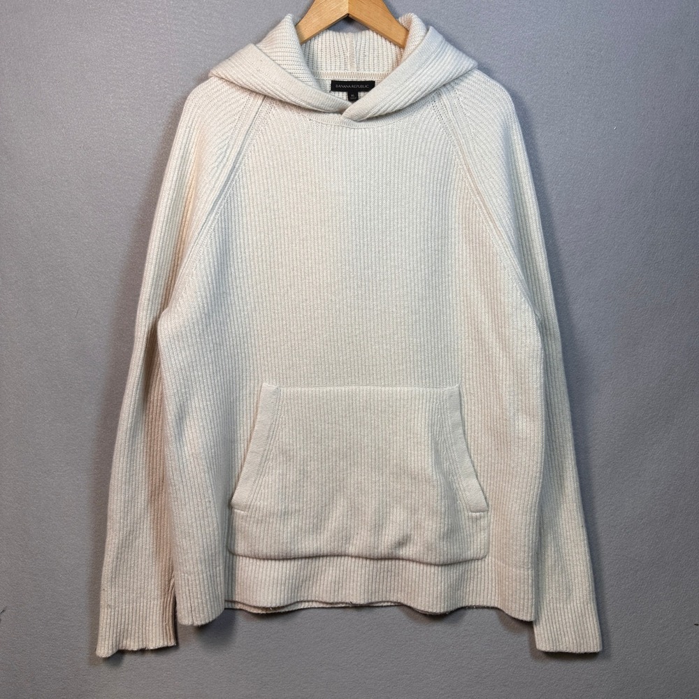 Banana Republic Ribbed Knit Hoodie Sweater Cream Off-White XL Raglan Pocket Cozy